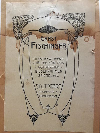 Historischer Aufkleber auf der Rückseite eines Fischinger-Rahmens