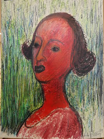 Wilhelm Fischer, aus der Serie Wachskreideköpfe von 1959. Interessant ist nicht nur die signierte Vorderseite der Arbeiten, sondern auch die Rückseite, sowie die Arbeit im Durchlicht.