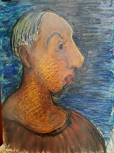 Wilhelm Fischer, aus der Serie Wachskreideköpfe von 1959. Interessant ist nicht nur die signierte Vorderseite der Arbeiten, sondern auch die Rückseite, sowie die Arbeit im Durchlicht.