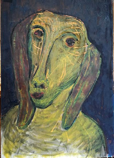 Wilhelm Fischer, aus der Serie Wachskreideköpfe von 1959. Interessant ist nicht nur die signierte Vorderseite der Arbeiten, sondern auch die Rückseite, sowie die Arbeit im Durchlicht.