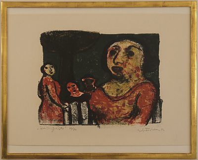 Wilhelm Fischer: Zaungäste, originale Farb-Lithografie 1962, in einem handgefertigten Echtgoldrahmen vom Kunsthaus Fischinger.