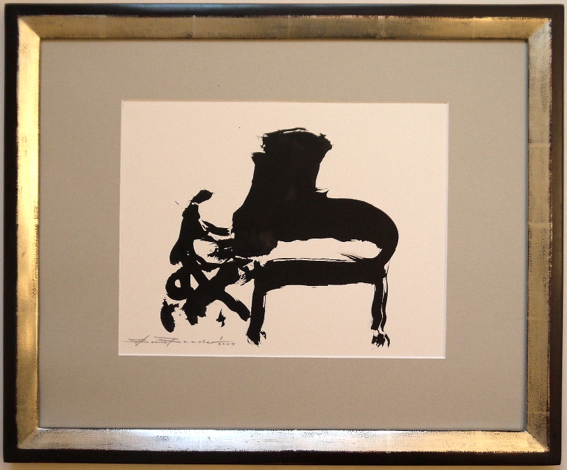 Bernd Baader: Konzertpianist, Pinsel, Tusche 2003 unter Passepartout aus grauem Karton, in einem handgefertigten Echtsilberrahmen (45x56cm) vom Kunsthaus Fischinger