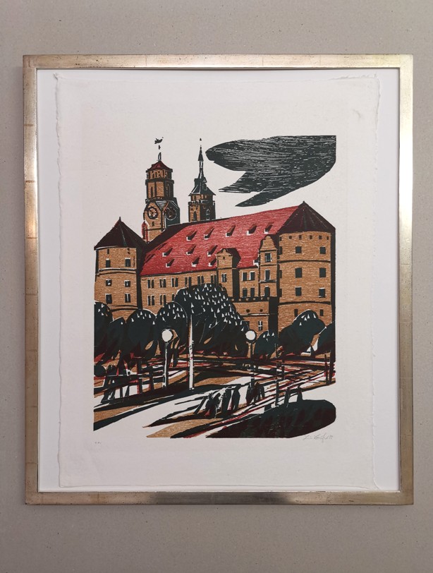 Heiner Bauschert: "Stuttgarter altes Schloss", original Farbholzschnitt 1985.
Aufgelegt in einem handgefertigten Echtsilberrahmen vom Kunsthaus Fischinger (74x64cm), unter Floatglas.