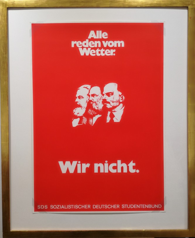 Ulrich Bernhardt und Jürgen Holtfreter: „Alle reden vom Wetter. Wir nicht“ original Siebdruck 2.Auflage 1970, in einem handgefertigten Echtgoldrahmen (105x87cm) vom Kunsthaus Fischinger.