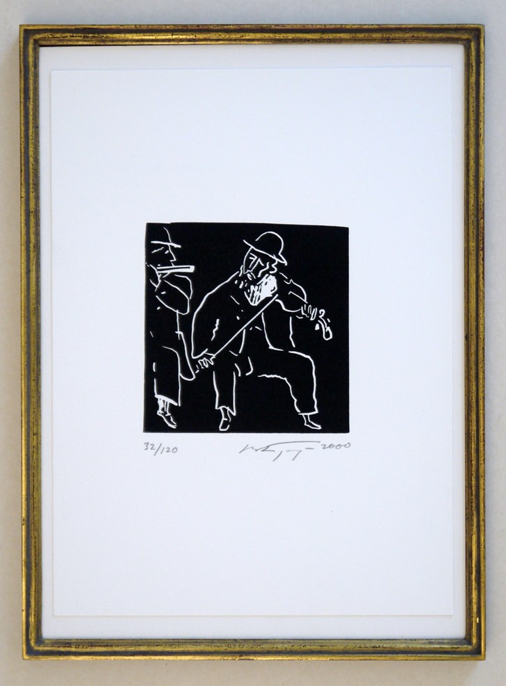 Vadim Brodsky: Zwei Klezmermusikanten, originaler Linolschnitt von 2000, in einem handgearbeiteten, profilierten Echtgoldrahmen vom Kunsthaus Fischinger.
