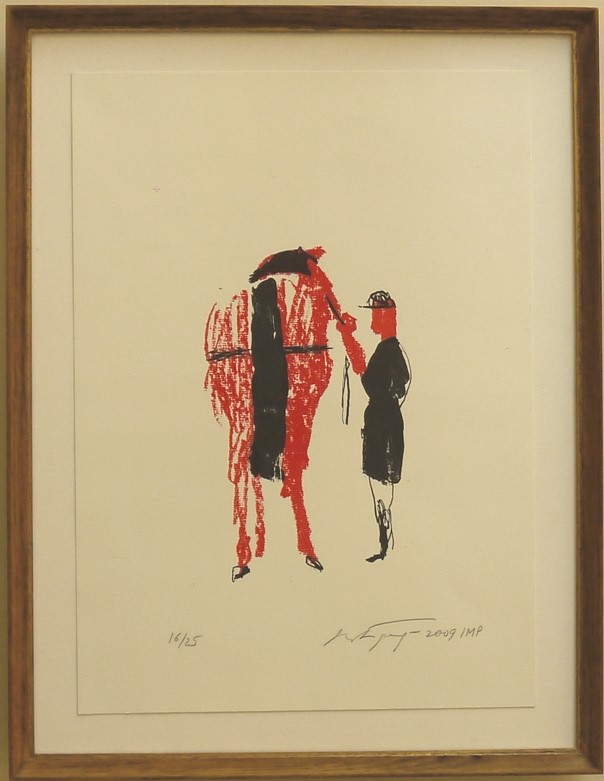 Vadim Brodsky: Jokey mit Pferd, originale Farblithografie 2009, in einem handgefertigten Holzrahmen mit Echtgoldkante (42x30cm) vom Kunsthaus Fischinger