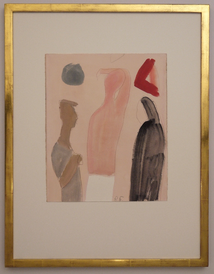 Vadim Brodsky: Drei Personen, Aquarell, Bleistift 2017, in einem handgefertigten Echtgoldrahmenahmen, seitlich anrhrazit (68x53 cm) vom Kunsthaus Fischinger.
