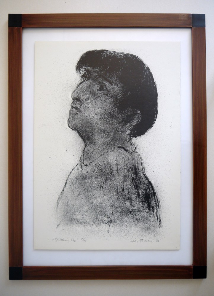 Wilhelm Fischer: Bildnis Res, originale Lithografie von 1957, in einem handgefertigten, maserierten Holzrahmen im Biedermaierstil vom Kunsthaus Fischinger
