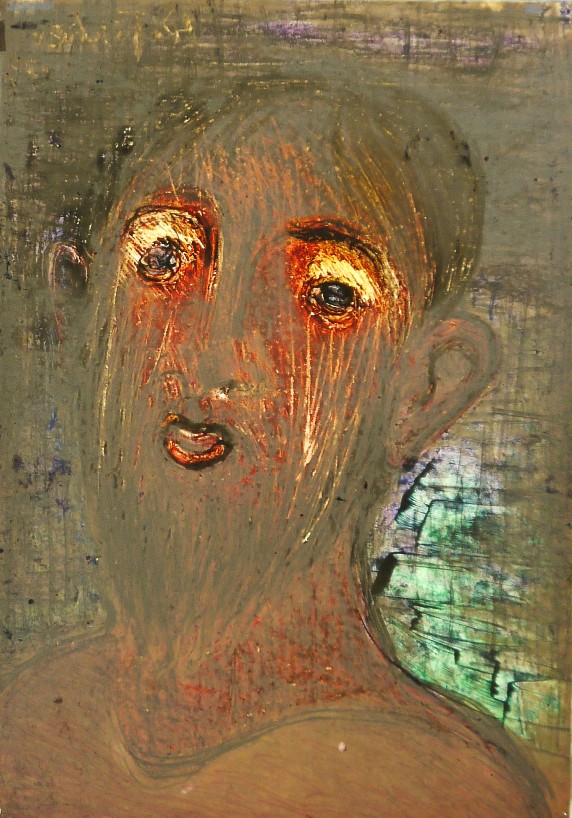 Wilhelm Fischer, aus der Serie Wachskreideköpfe von 1959. Interessant ist nicht nur die signierte Vorderseite der Arbeiten, sondern auch die Rückseite, sowie die Arbeit im Durchlicht. (Hier die Rückseite)