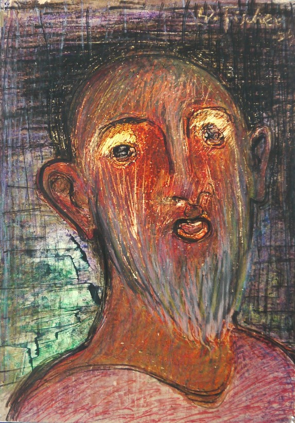 Wilhelm Fischer, aus der Serie Wachskreideköpfe von 1959. Interessant ist nicht nur die signierte Vorderseite der Arbeiten, sondern auch die Rückseite, sowie die Arbeit im Durchlicht. (Hier die Vorderseite)