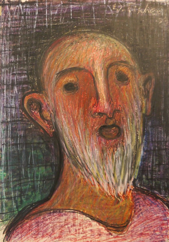 Wilhelm Fischer, aus der Serie Wachskreideköpfe von 1959. Interessant ist nicht nur die signierte Vorderseite der Arbeiten, sondern auch die Rückseite, sowie die Arbeit im Durchlicht. (Hier die Vorderseite)