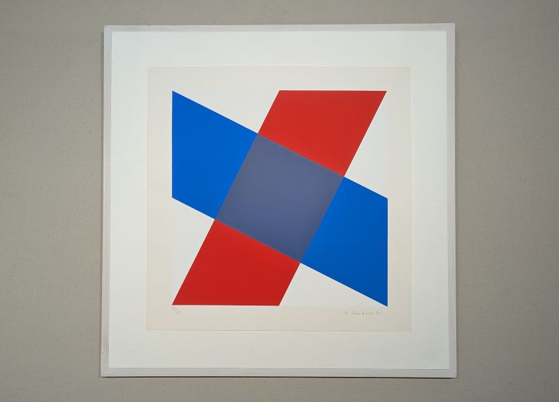Anton Stankowski: "Diagonales Kreuz", original Siebdruck 1974, aufgelegt mit Stäbchen, unter Floatglas, in einem handgefertigten Edelholzrahmen weiß lasiert vom Kunsthaus Fischinger