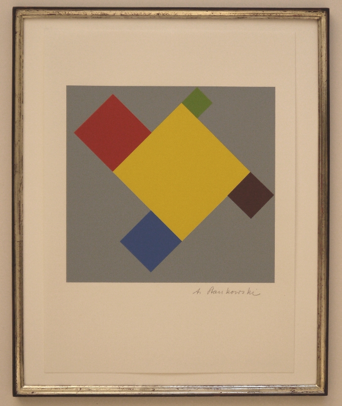 Anton Stankowski: Quadrate in Bewegung (gelb), original Siebdruck 1990, aufgelegt in einem handgefertigten schmalen, profilierten Echtsilberrahmen (33x26cm) vom Kunsthaus Fischinger